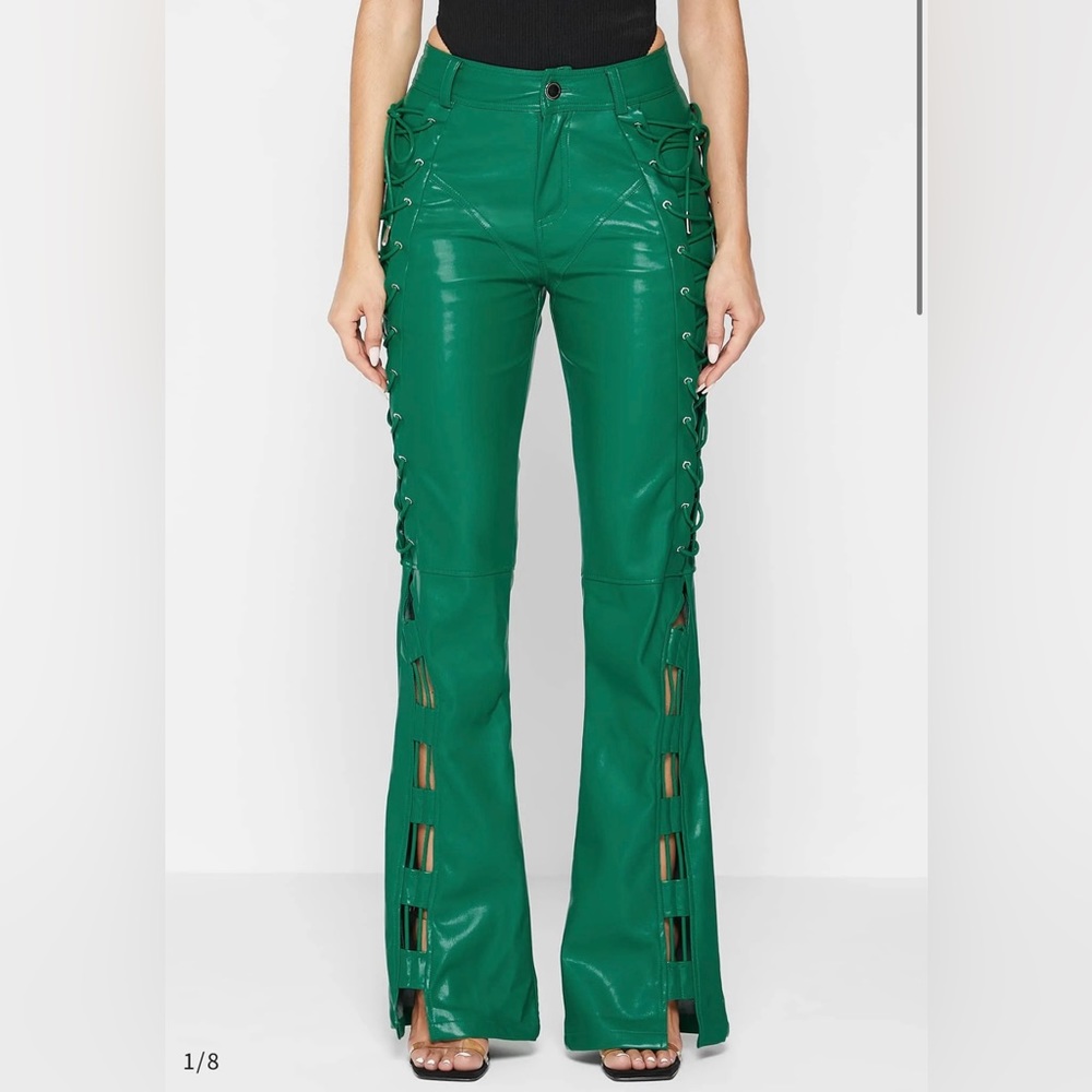Maniere De Voir green leather lace up pants